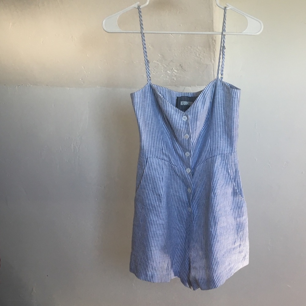 Blue pinstripe Reformation jumpsuit